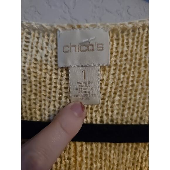 Chico's Yellow V-Neck Open Knit Stretch 3/4 Sleeve Pullover Sweater Womans Sz MD - Picture 3 of 4